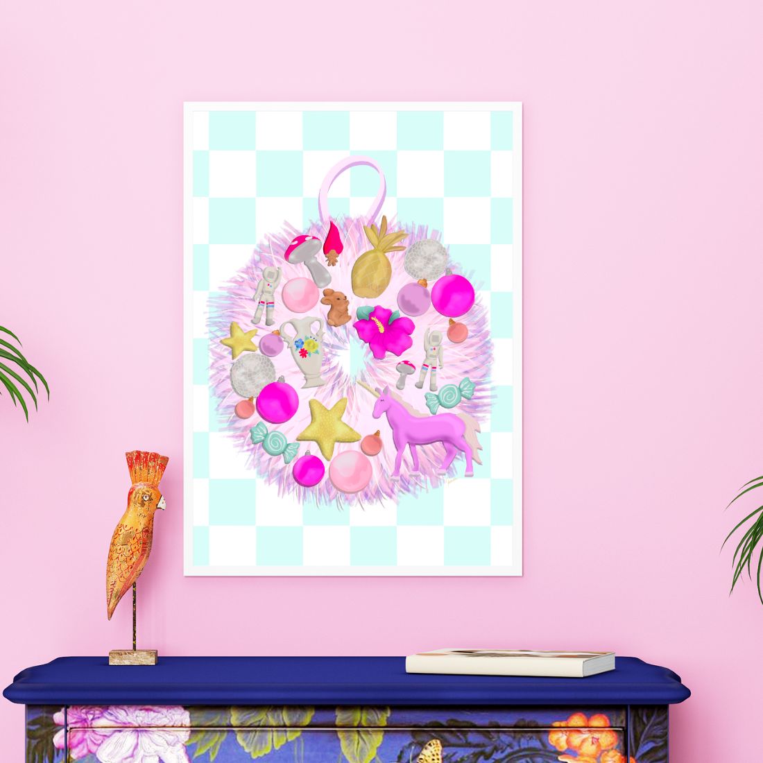 A Pink Christmas Wreath Print