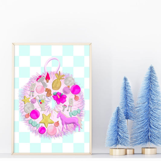 A Pink Christmas Wreath Print